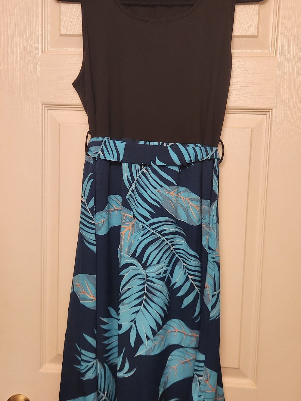 Sleeveless Navy & Teal Tropical Belted Dress